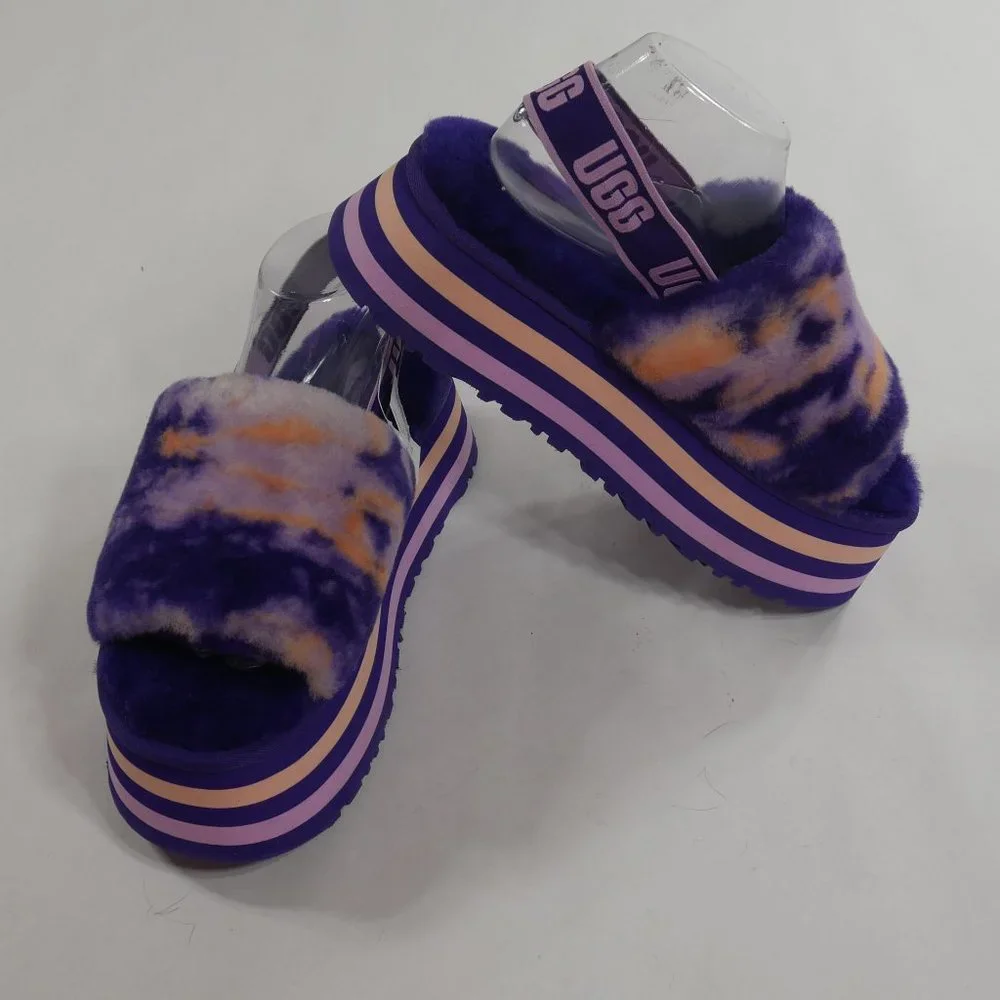 New UGG® Plush Disco Marble Fur Platform Slides Violet Night Womens Size 10